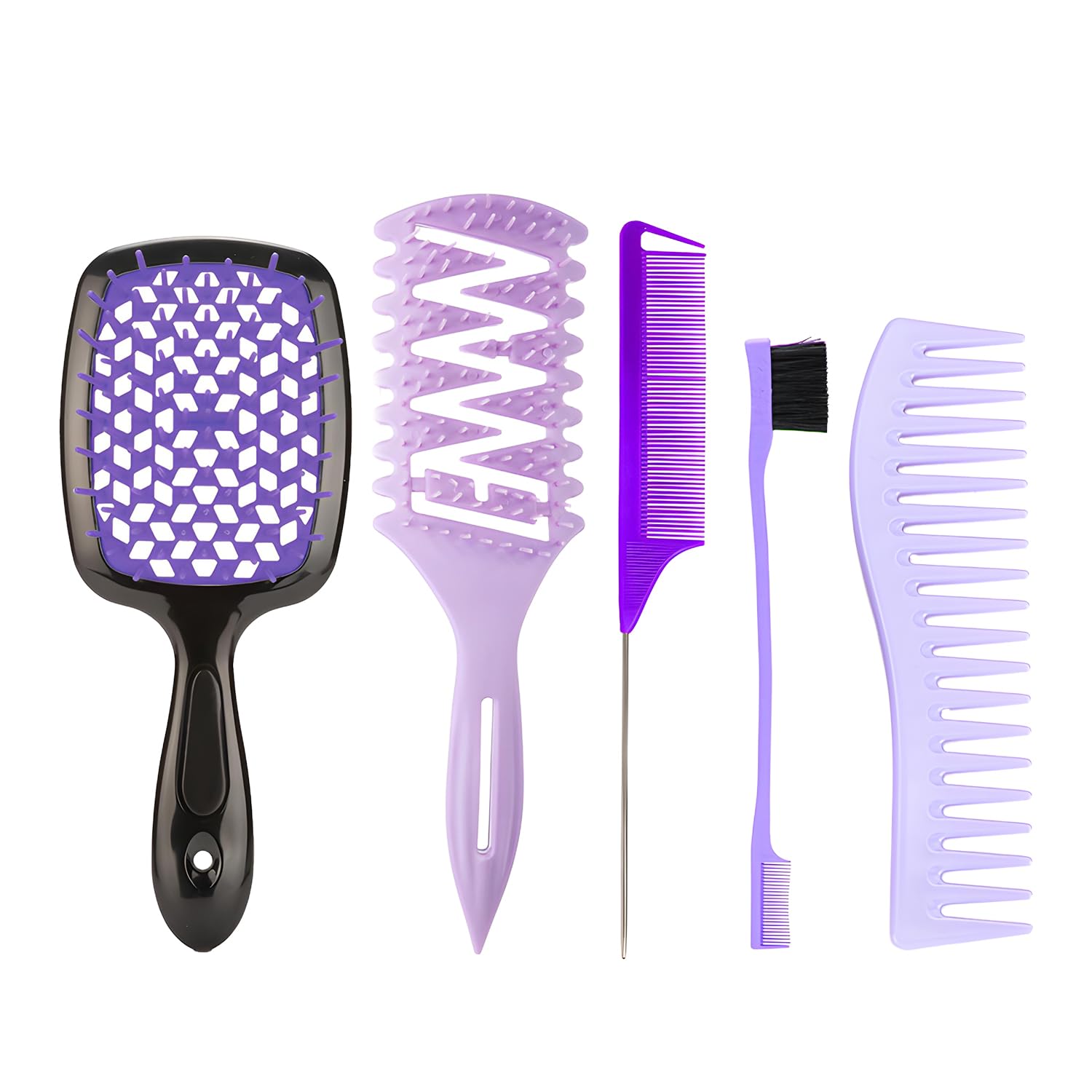 

5pcs Hair Brush Set – Anti-Static Detangling Brushes & Combs Kit for Women, Paddle/Round/Vent Brush + Wide Tooth/Tail Comb фіолетовий
