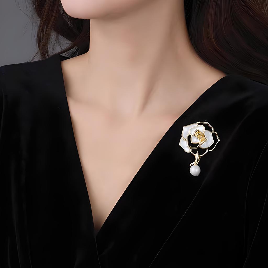Imitation Fritillary Camellia Brooch High-End Female Luxury Temperament Pearl Brooch Niche Design Pin Suit Accessories