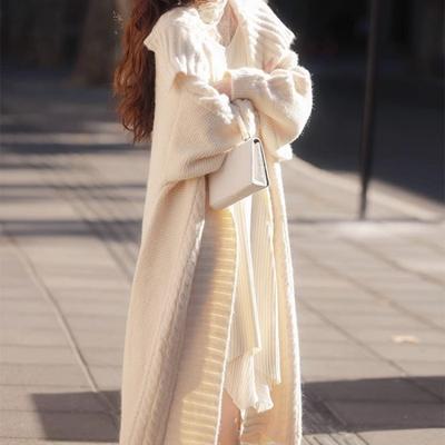 Mode Lässig Retro Gemütlich Designgefühl Mittellang Großer Revers Fauler Wind Gestrickte Strickjacke Pullover Jacke Locker