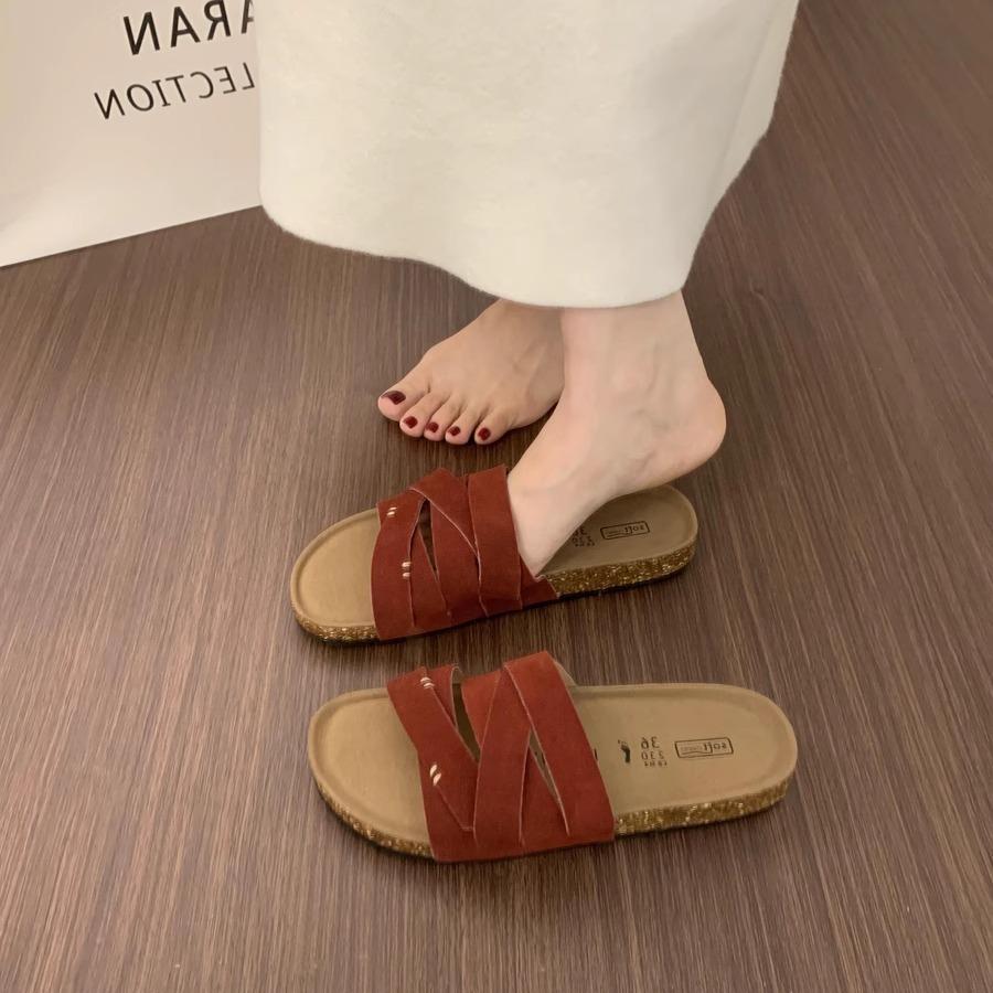 BEI LI XUAN Retro Mori Cross-strap One-word Slippers for Women's Summer Outer Wear Thick-bottomed Casual Beach Women