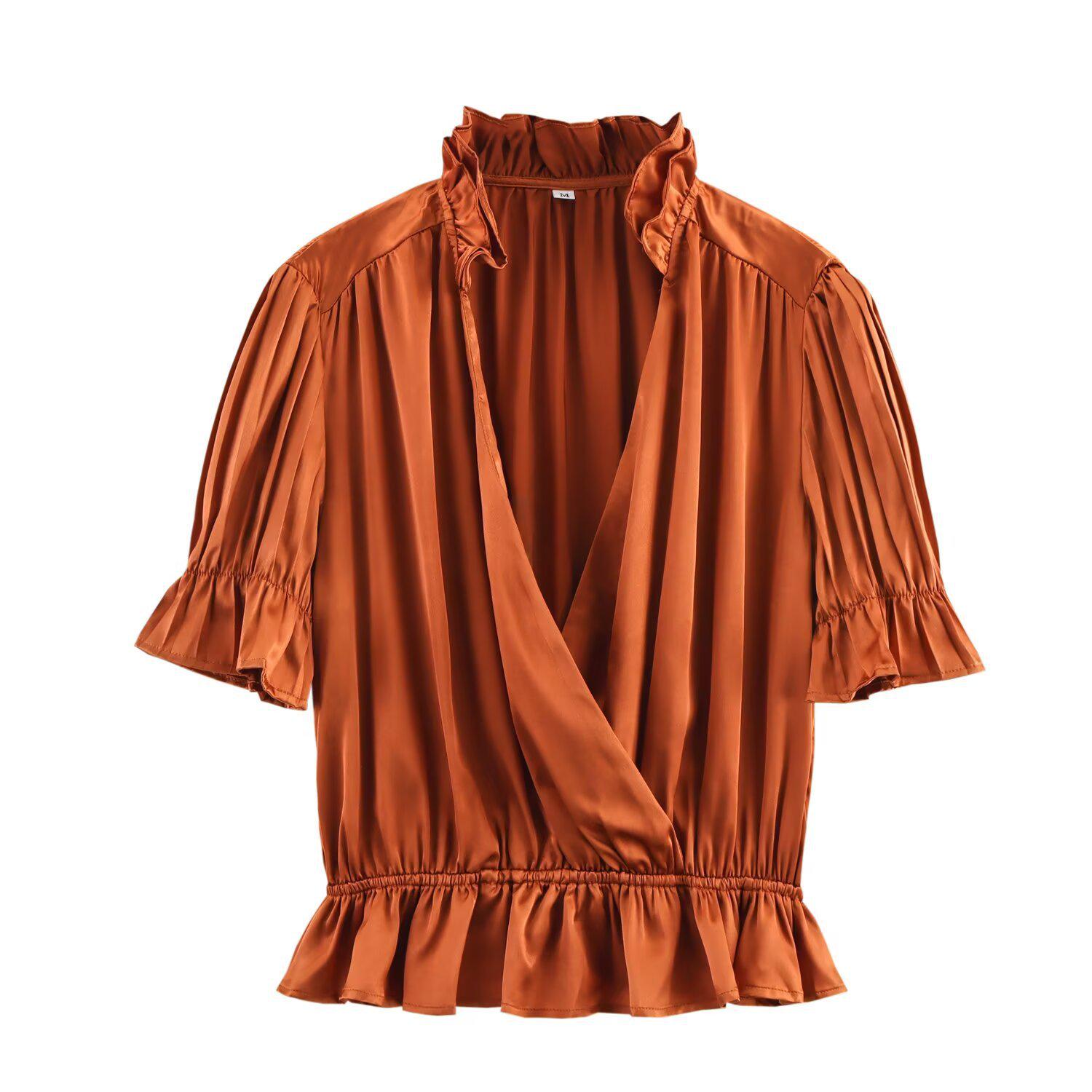 

Весна 2025 Женская модная рубашка в европейском и американском стиле со стойкой и коротким рукавом Small