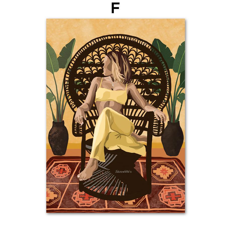 Abstrakcyjna moda dziewczyna czytająca joga odpoczynek liść palmowy plakat skandynawski ścienny drukowany obraz na płótnie malarstwo dekoracyjne zdjęcia do salonu