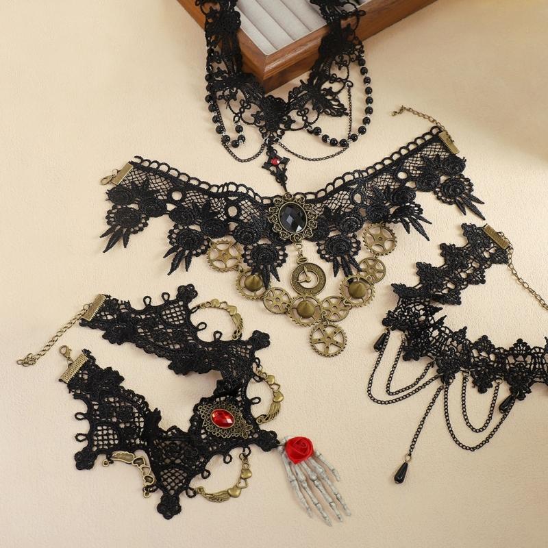 Black Lace Centerpiece Neck Jewelry Set Gothic Statement Accessories for Themed Photo Shoots, Festivals and Halloween Looks