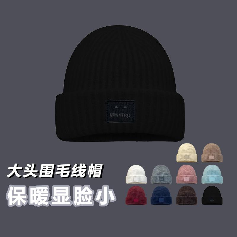 

European and American style square letter embroidery wool hat women s winter big head circumference showing face small knitted m (56-58cm) elastic чорний