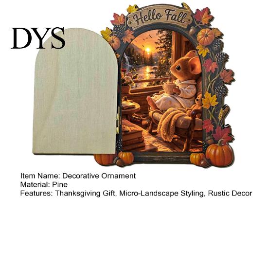 Fall Home Decor Accents Elf Wooden Door Halloween Decor, 2D Fairy Mouse Miniature Wall Rustic Autumn Shelf Hanging, Ornament for Home, Thanksgiving