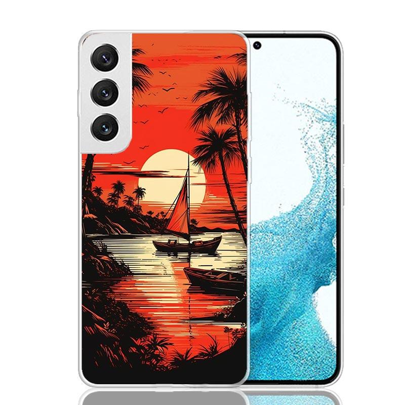 Sailing Boat Sunset Phone Case For Samsung Galaxy S25 S24 S23 S22 S21 FE S20 Ultra S10 Plus Art Customized Coque Capa S24 S23 S2