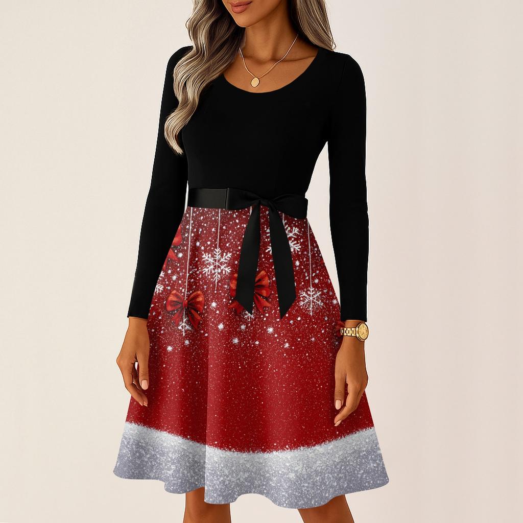 Women's Casual Fashion Long Sleeve Christmas Graphic Printed Vintage Long Dresses