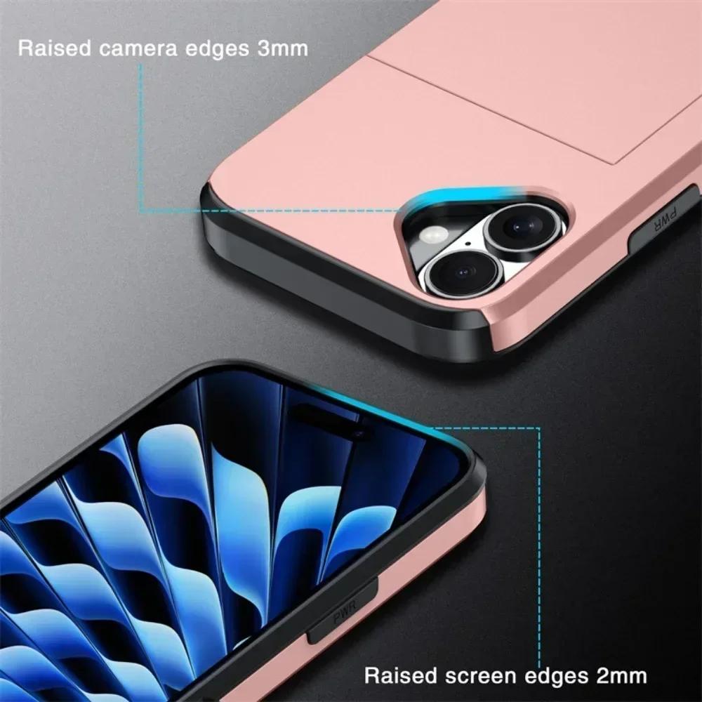 Phone Case For iPhone 16 SE 15 14 Plus 13 12 Pro Max Wallet Cover Credit Card Holder Slot Sliding Pocket Dual Layer Protective