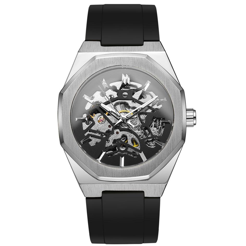 BOLYTE Men's Skeleton Automatic Mechanical Watch with Luminous Hands, Black Silicone Strap, Octagonal Case, Silver-Black, Military Style