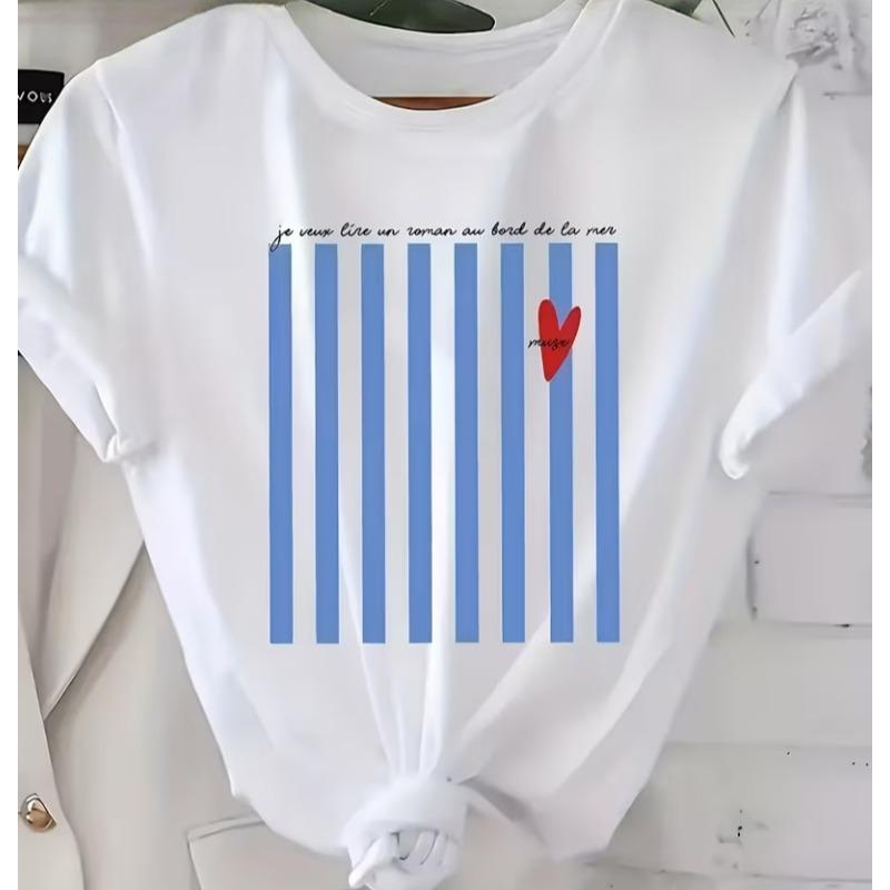 

Blue Stripe and Red Heart Graphic Tshirt Spring Summer Loose Fit Womens Tee Casual Shirt Daily Wear Easy Wear Fashion Top S