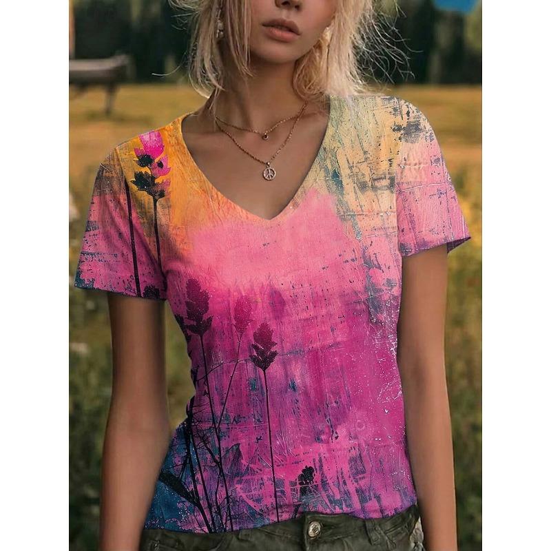 

Women s Vintage Classic Stylish V Neck Short Sleeve T-Shirt Print Casual Regular Tops Daily Going Out Wear Pink Green for Summer S