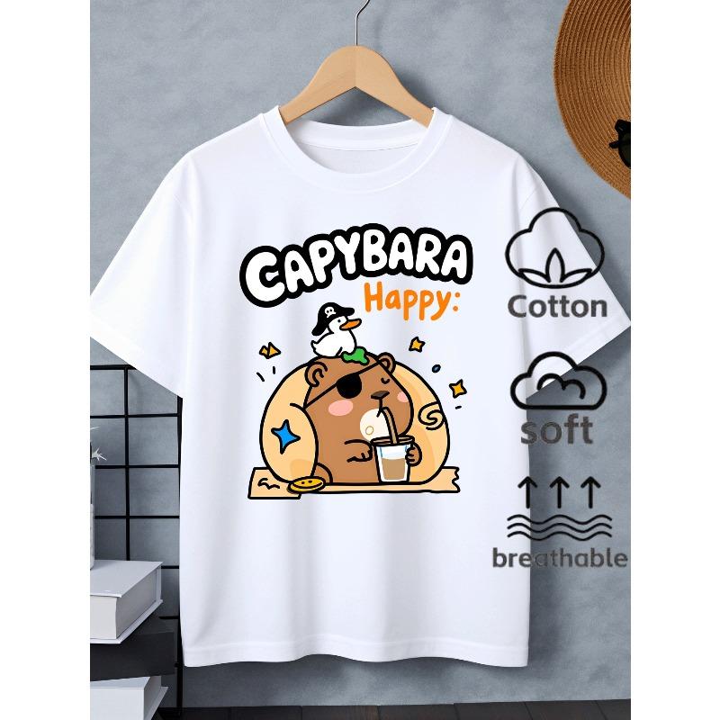 European sizes Boys  T-Shirt Capybara Duck Coffee Stars Beach Sun , Ideal for Outdoor Activities, Soft Knitted Top, Comfortable And Breathable 110 белый
