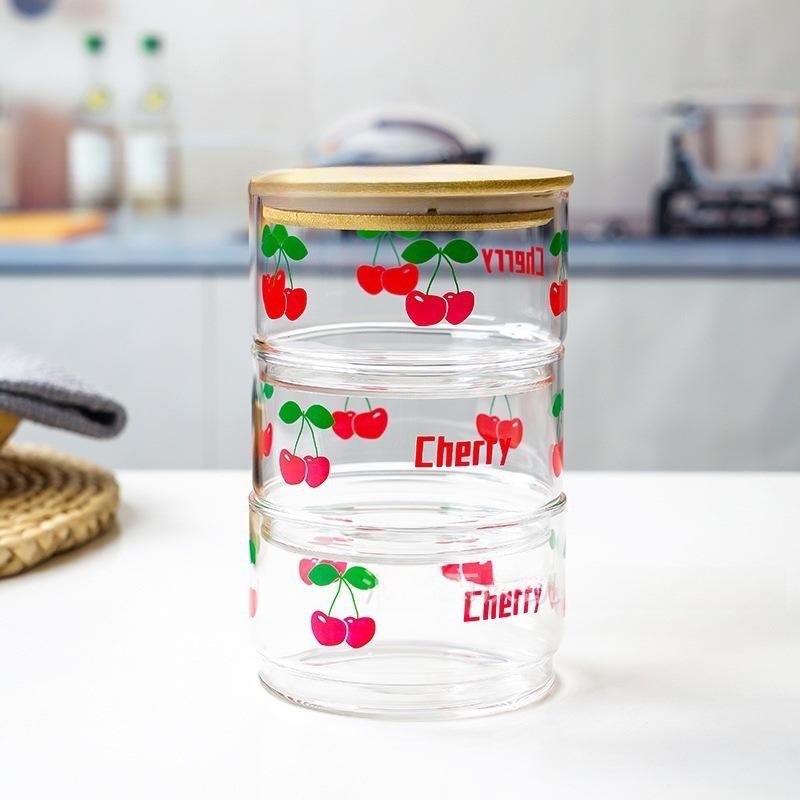 Korean Strawberry Glass Bowl with Bamboo Lid Cute Cherry Snack Box Fruit Capacity Fresh Box Jars with Lid for Kitchen StorageJar