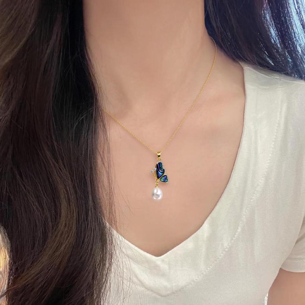 Natural Freshwater Pearl & Abalone Shell Butterfly Zircon Necklace for Women