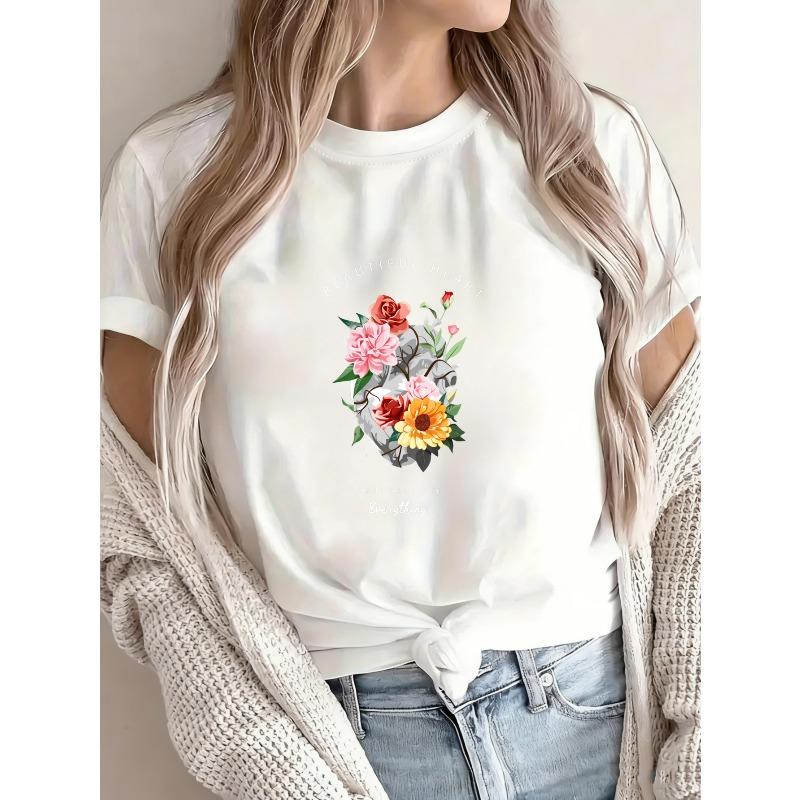 T-Shirt mit Blumendruck Weißes Rosen-Sonnenblumen- und Blätterdesign für Freizeitkleidung