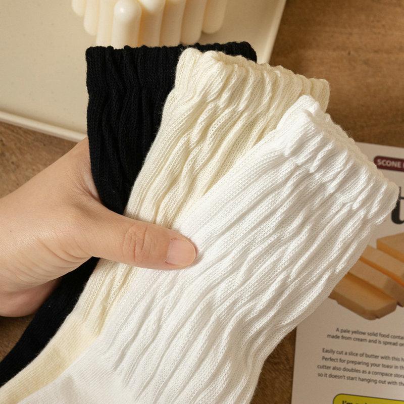Women Y2k Knitted Long Socks Girls Casual Black White Solid Loose Crochet Middle Tube Lolita Sox Cotton Boot Cuffs Ruffles Socks