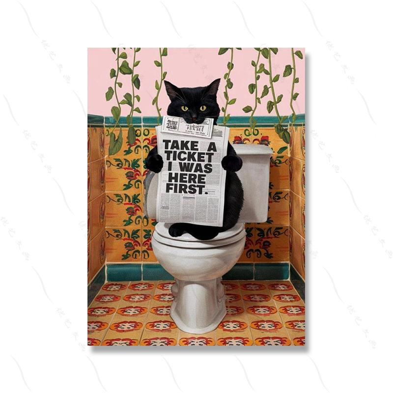 Funny Pink Bathroom Wall Decor Pooping Cat Print Toilet Wall Art Funny Cat Poster Bathroom Home Decoration Canvas Painting