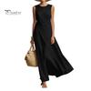 Solid Color Women Dress Women's Sleeveless Cotton Linen Dress, Casual Irregular Hem Crew Lightweight Summer Neck Long Loose Beach Vacation Sundress