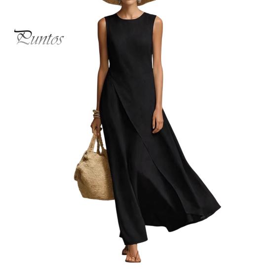 Solid Color Women Dress Women's Sleeveless Cotton Linen Dress, Casual Irregular Hem Crew Lightweight Summer Neck Long Loose Beach Vacation Sundress