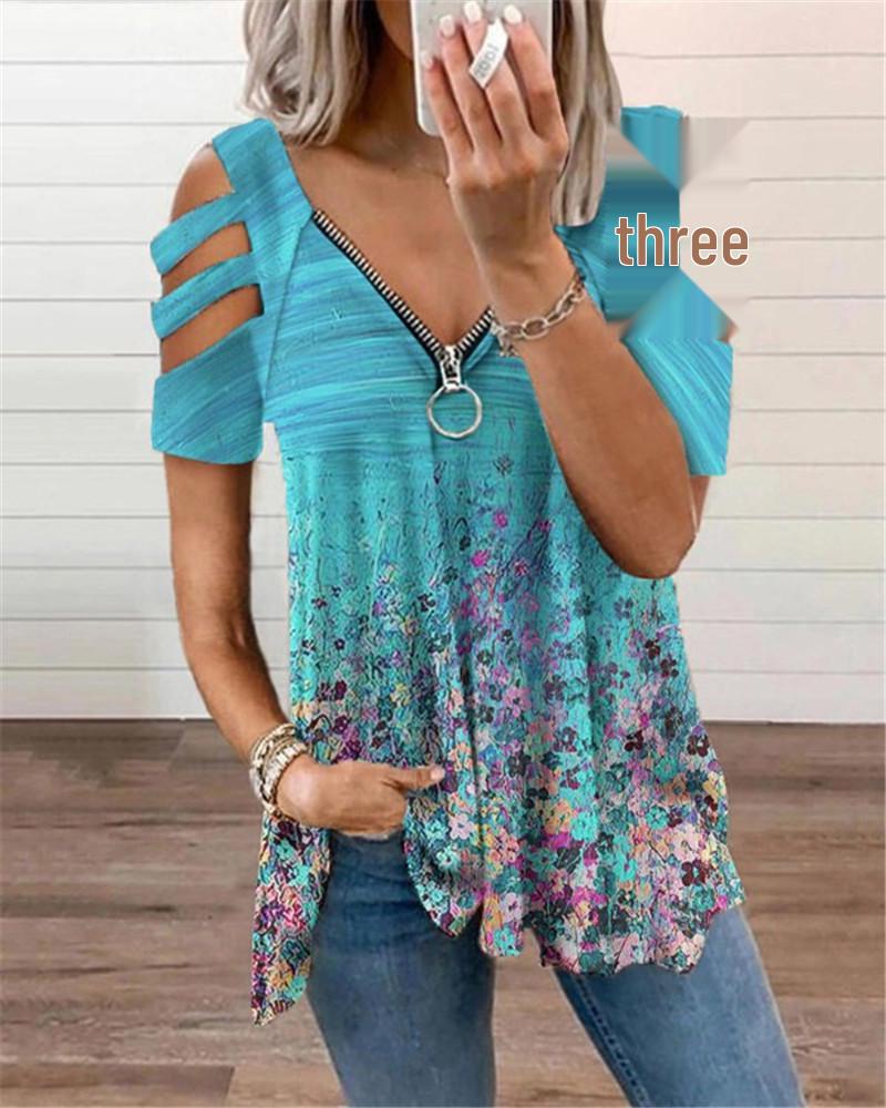 2023 European & American Women's V-Neck Zipper Floral Short-Sleeve Loose T-Shirt