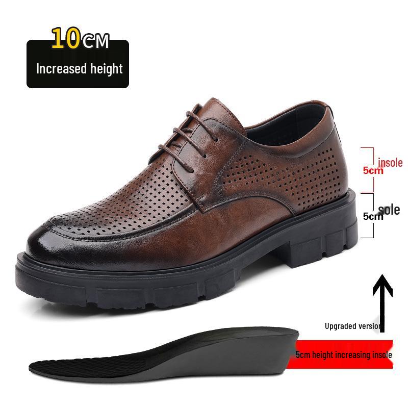 Men's Casual Leather Shoes with 10CM Height Boost, Thick Soles, and Textured Finish.