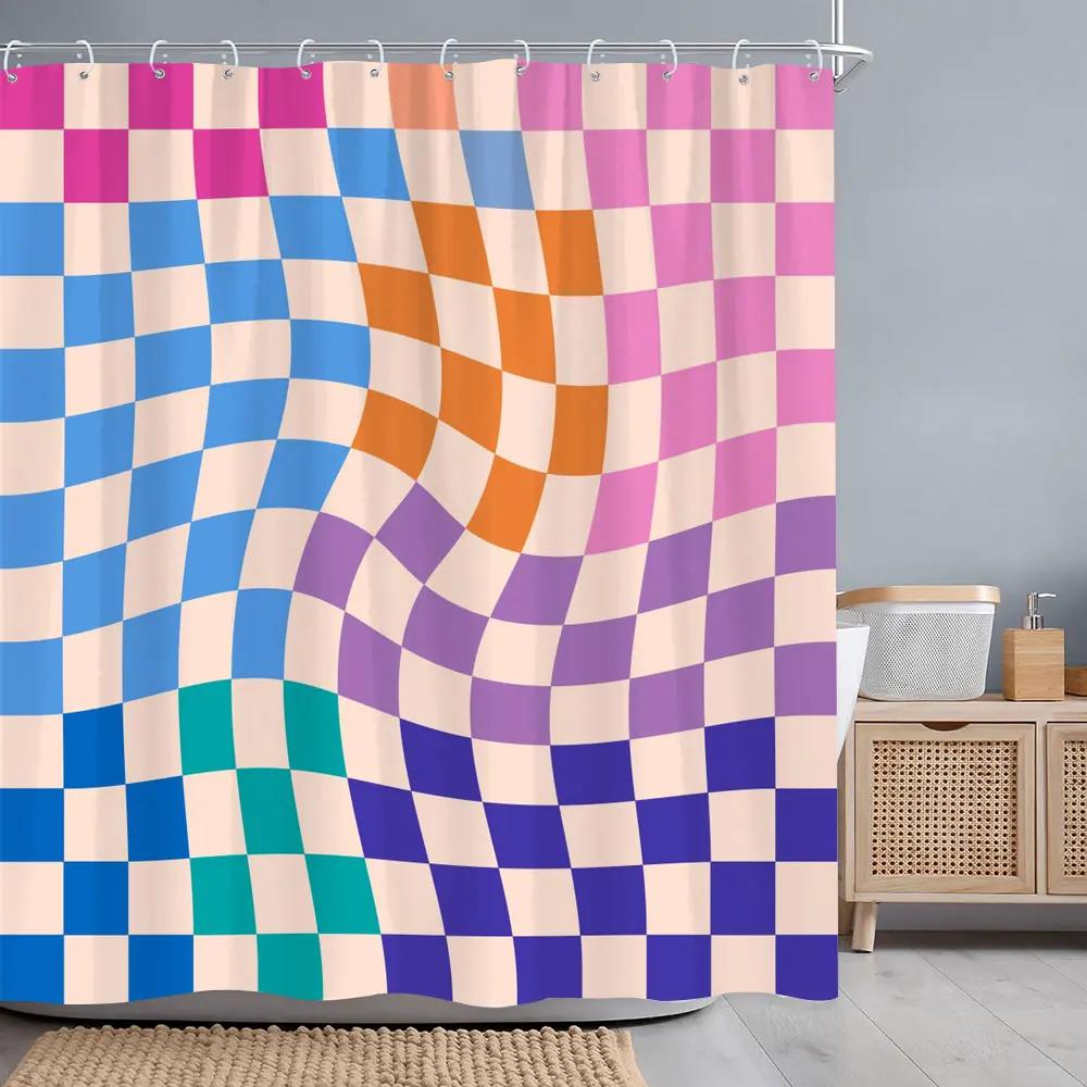 Abstract Geometric Line Square Graphic Shower Curtain Colourful Grid Polyester Fabric Shower Curtains Bathroom Decor with Hooks