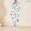 Women Plus Size White Green Floral Printed Nurse Scrub Set V Neck Long Sleeve Pockets Top And Long Pants