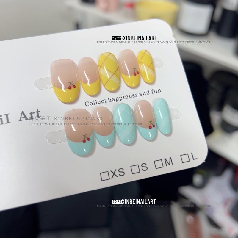 

Hand-Painted French Spring Plaid Nail Art in Cherry, Milky Blue & Yellow Ribbon Design