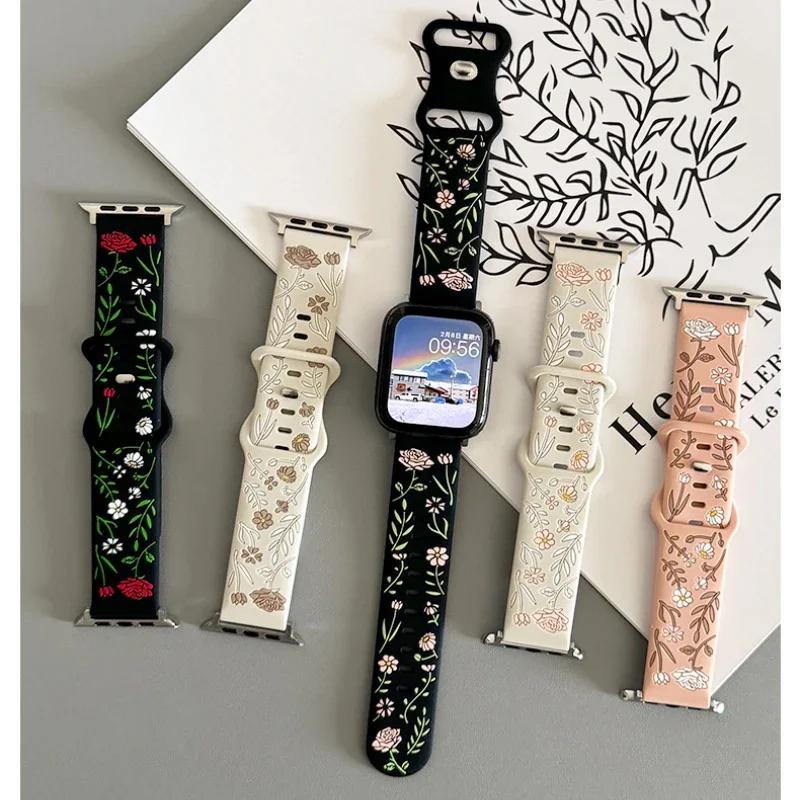 Kwiatowy Grawerowany Pasek Do Apple Watch Pasek 46mm 40mm 44mm45mm 42mm 41mm Silikonowy Sportowy iWatch Seria 10 9 8 7 6 5 4 Ultra 2