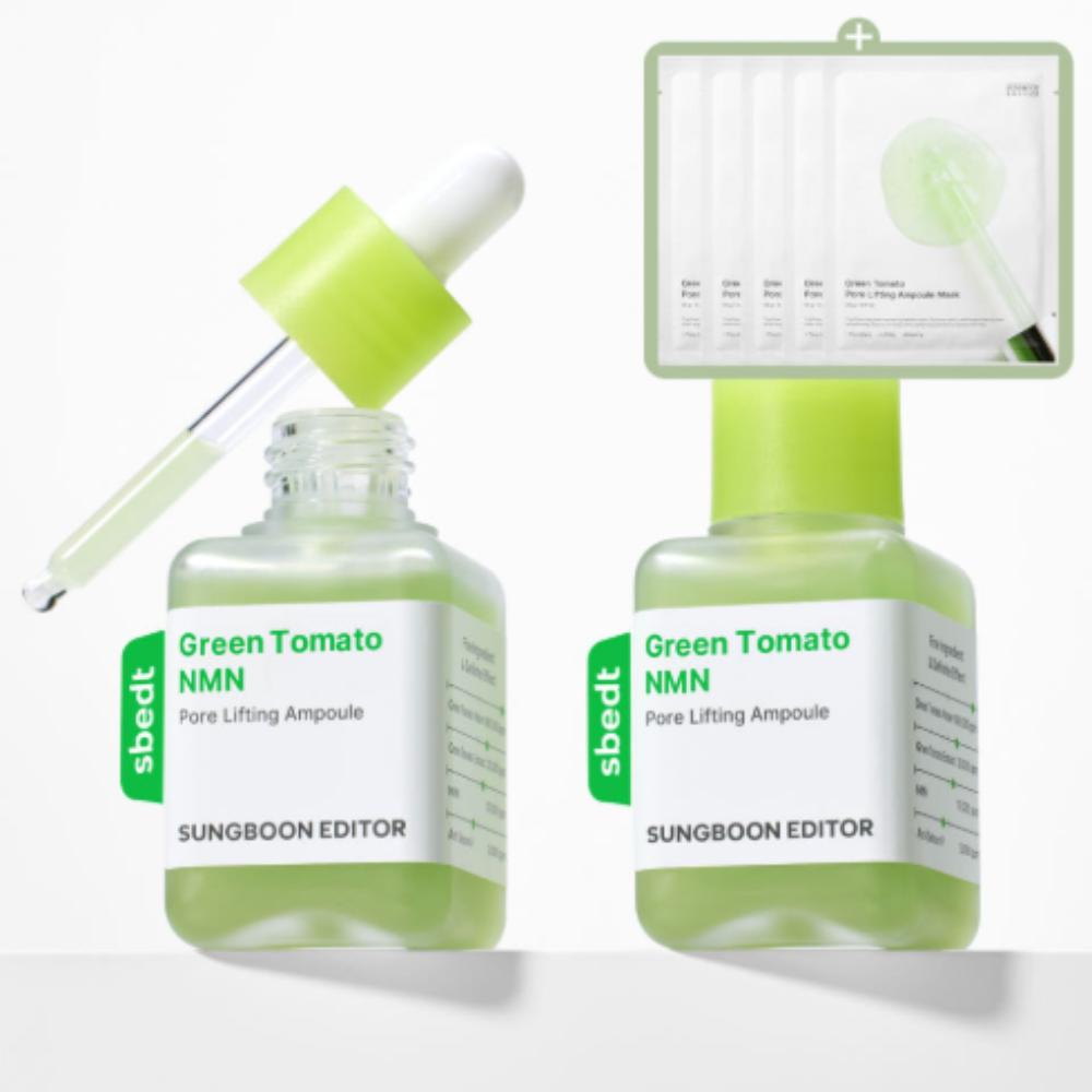 SUNGBOON EDITOR Green Tomato Pore Lifting Ampoule+ 40ml & NMN Mask Set, Pack of 2 | Pore Tightening & Elasticity Boosting