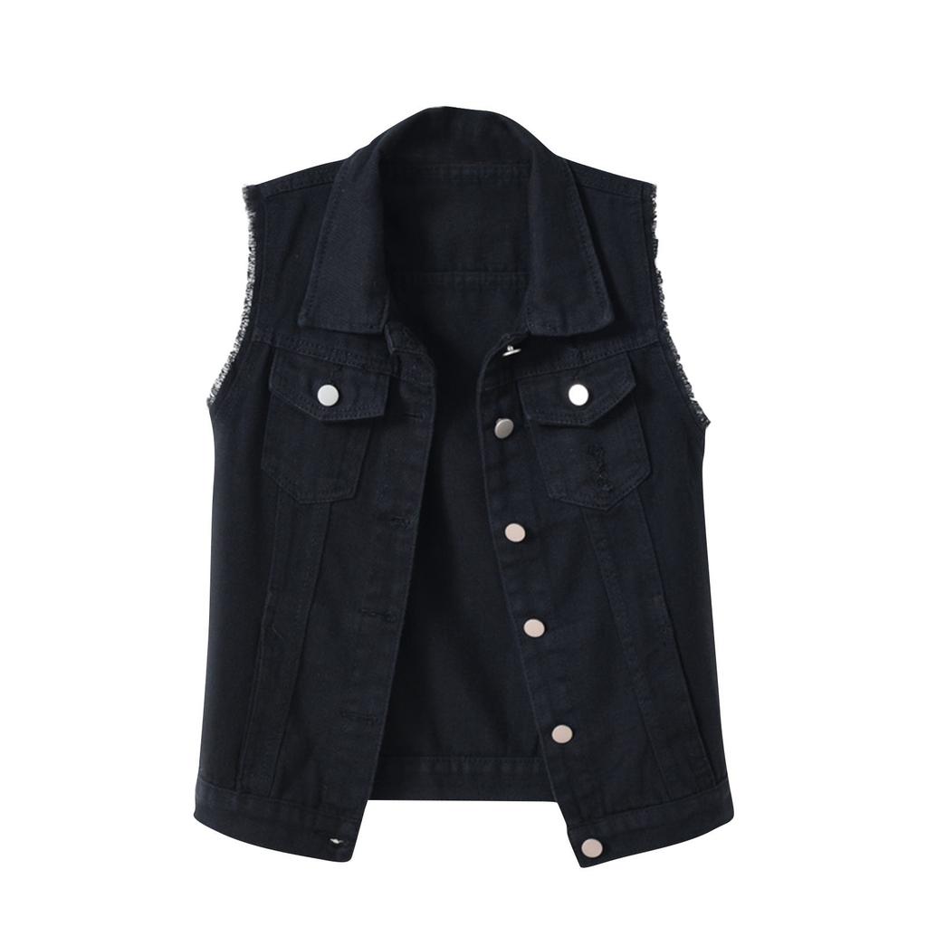 Women's Fashion Solid Color Sleeveless Pocket Short Style With Frayed Edges And Holes Cardigan Vest Jacket
