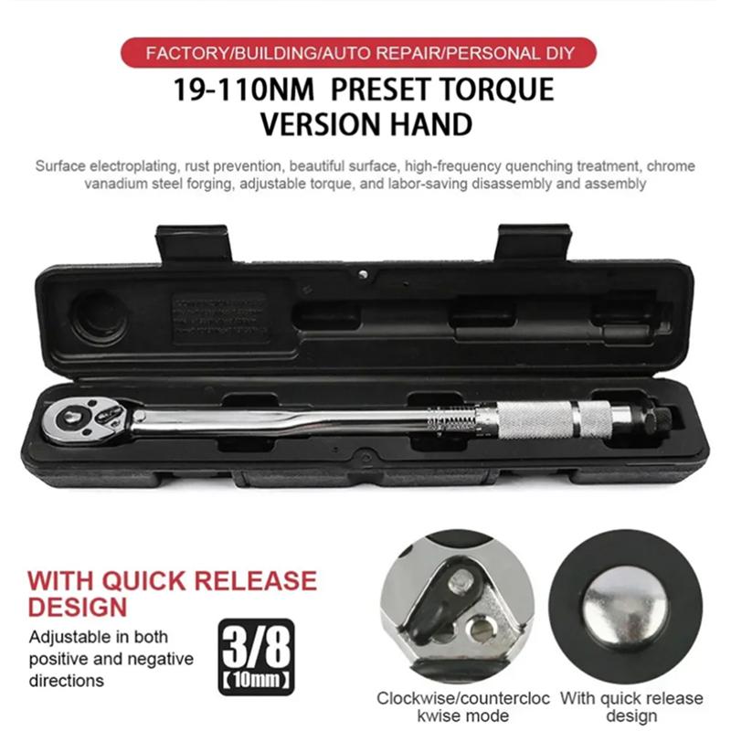 A25F-19-110N.M Precise Torque Wrench Reversible Ratchet Key 3/8Inch Adjustable Square Drive Spanner Precise Preset Car Repair