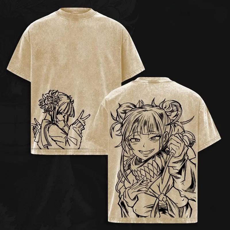 Manga My Hero Academia Toga Himiko Printed Tee Men Women Clothing Washed Cotton T-shirt Vintage Casual T Shirt Harajuku Tshirt