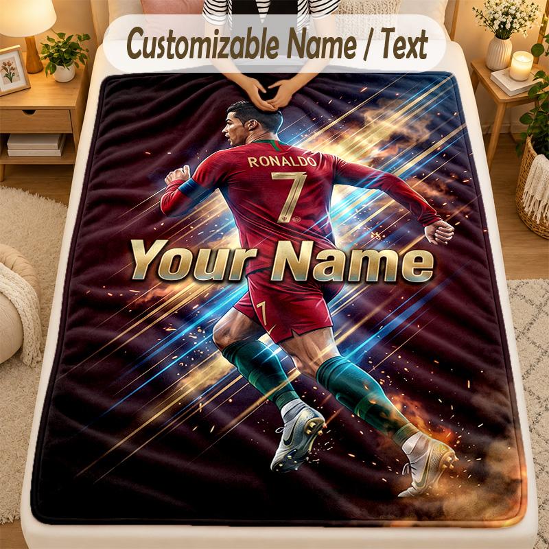 Flannel BlanketCristiano Ronaldo Custom Name Text Personalized Soft Warm Throw Blanket Home Decor Gift