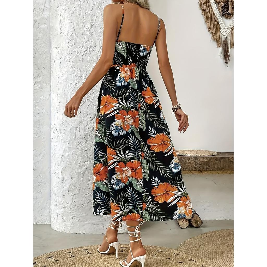 Damenkleid, Bedruckt, Träger-V-Ausschnitt, Häkelstich, Schlitzkleid, Geblümt, Bedrucktes Kleid