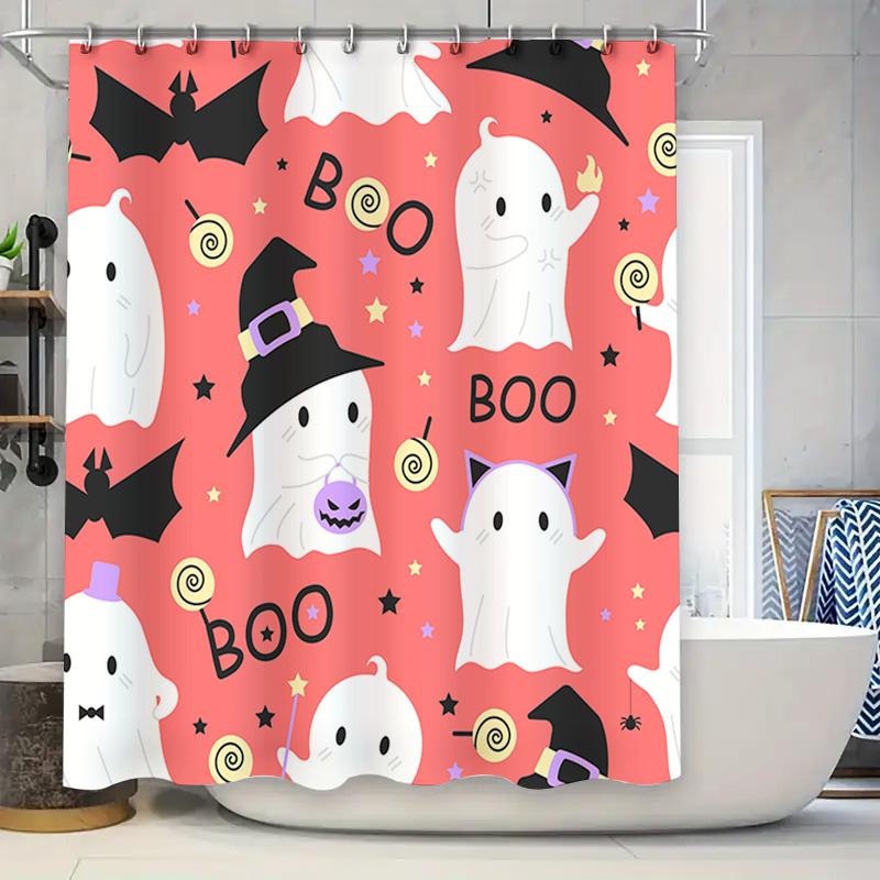 

Halloween-Themed Shower Curtain With Colorful Patterns Featuring Ghosts, Bats, Stars, And A Witch Hat Waterproof And Decorative W60H190(CM)-1 Pcs