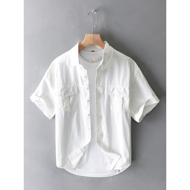 Summer American-Style Casual Short-Sleeve Shirt for Men, Loose Fit for Big and Tall Guys, Pure Cotton Work Shirt Jacket with Heavy Texture