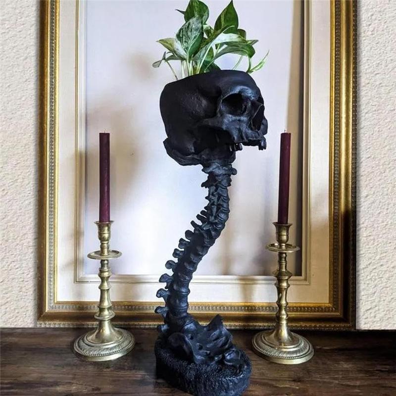 Good-Resin Skull Planter & Spine Stand Set, Polyresin Skulls Pot, Halloween Decoration Retro Human Skull Head Flower Reusable Re