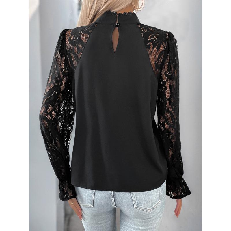 Women's Summer Lace Splicing Long Sleeve Pullover Top with Round Neck - European and American Style
