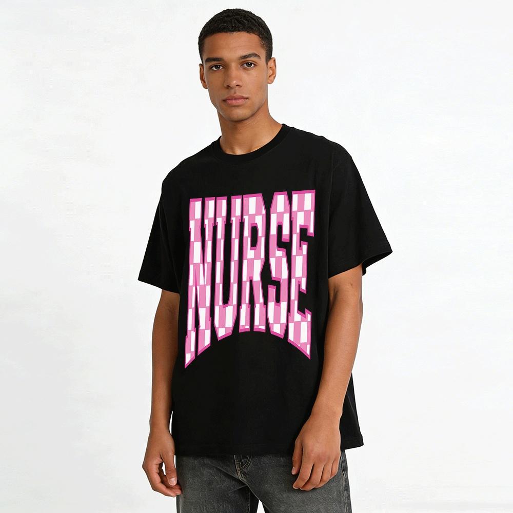 Pink Checkered NURSE Print Casual Nurse-Themed Top Pure cotton T-shirt