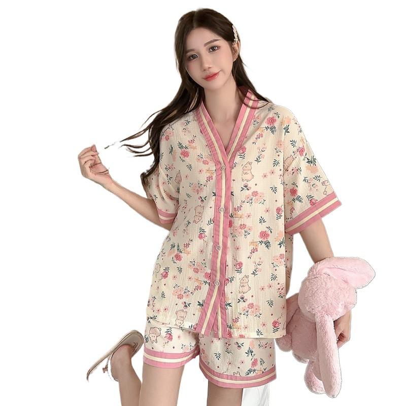 Floral pajamas women's summer short sleeves Internet celebrities sweet gauze cute cartoon summer cardigan thin large size loungewear
