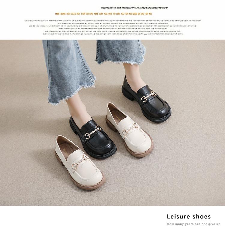 Vintage Pearl Loafers: Women's British-Style College Leather Slip-ons with Thick Soles
