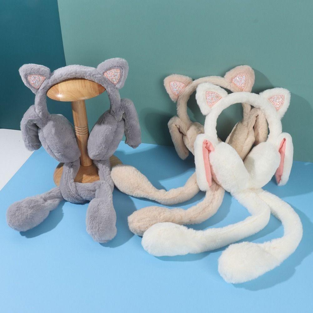 New Funny Plush Cat Earmuffs Moving Earmuffs Children's Ear Protection Cute Solid Color Winter Warm Kids Earwarmer Ear Flap