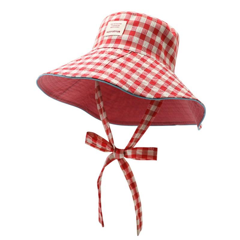 Plaid wide edge strap bucket hat women's summer big brim showing face small sun hat sun protection hat basin hat