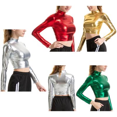 Top corto estivo a maniche lunghe Top metallizzato lucido Nightclub Pole Dancing Party Clubwear Canotte corte
