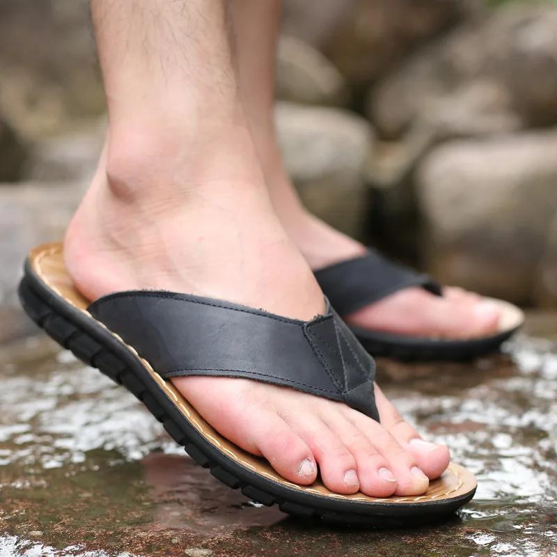 Fashion 2026 Summer Shoes Men Slippers Flip Flops Pu Leather Non-slip Flat Mens Sandals Holiday Footwear Black Khaki Chanclas De Hombre