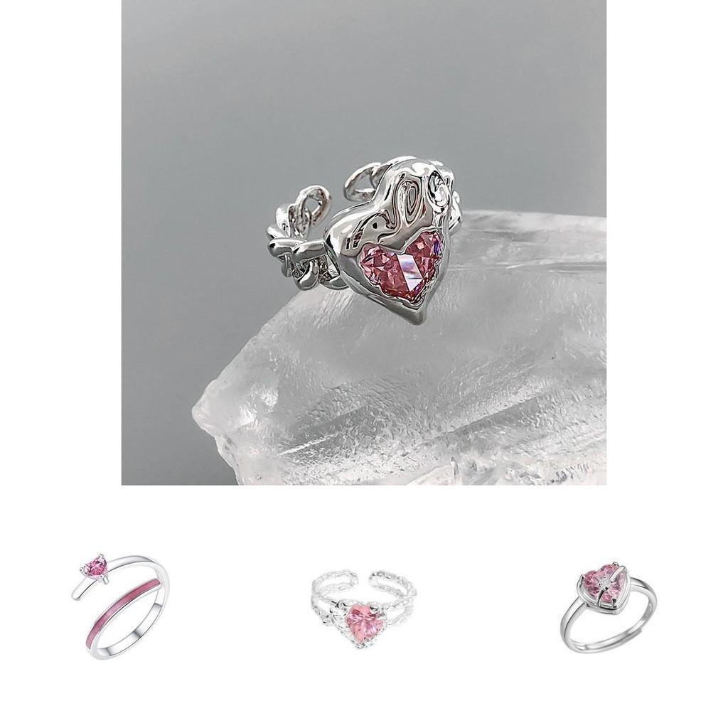 Sweet Pink Heart Shaped Zirconia Ring For Women Sparkling Fashionable Open Ring