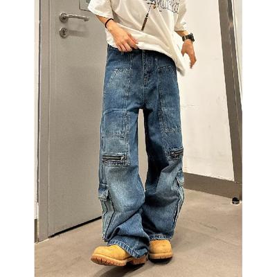 Herren-Denim, amerikanische Retro-Waschung, Distressed-Jeans mit mehreren Taschen, lockere Freizeithose mit geradem Bein für Herren und Damen, trendig