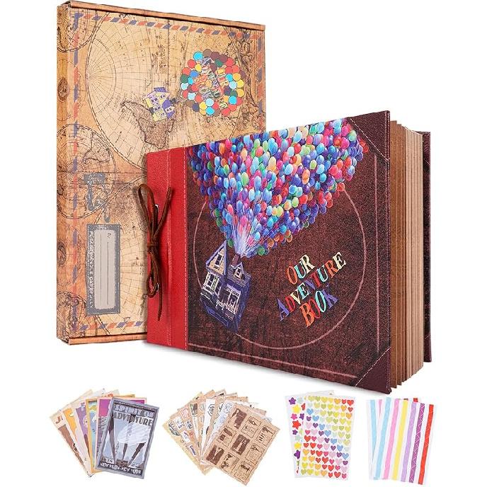 Our Adventure Book Scrapbook Album 11.9 X 7.6 Inch 80pages,3d Retro Embossed Letter Leather Cover Movie Up,Memory Book For Couples,Gifts For