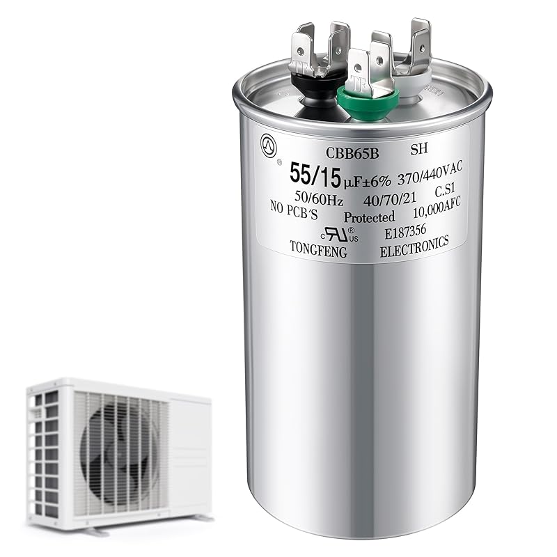55+15 uF±6% 370/440V CBB65 Dual Run Round Capacitor for AC Motor, HVAC Capacitor, Air Conditioner Replacement, Heat Pump, Fan Start, Condenser